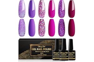Shining She Smalto Semipermanente,6 Colori Smalto Semipermanente Unghie Glitter Viola Fucsia Lilla,Smalti Gel per Unghie Soak Off UV LED,Manicure Arte Nail DIY a Casa,8ML