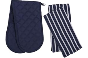 Penguin Home Heat Resistant Oven Gloves with Set of 2 Tea Towel For the festive season Christmas Oven Mitts Long Cuffs Baking Gloves for Kitchen, Cooking, (Navy) Size - (18x90 & 65x45 cm)