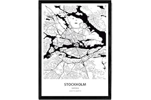 Nacnic Poster med karta över Stockholm - Sverige. Bilder på städer i norra Europa med hav och floder i svart. A3 storlek med ram
