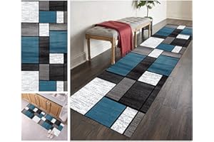 ‎ZVEZVI ZVEZVI Teppich Läufer Flur Küche Blau Grau und Schwarz Geometrisches Muster 50x150cm Bunter Modern rutschfest Waschbar Vintage Kücheläufer Teppichläufer Polyester Meterware Anpassbar