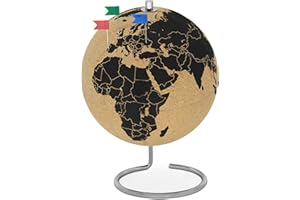 FeinKnick Glob z korka 25 cm Wysoki z 54 różnymi pinezkami - Obrotowy kula ziemska z korka - kula ziemska jako pomysł na prezent dla miłośników podróży
