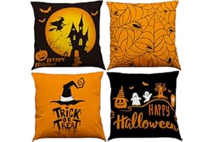 BINXWA 4 Stück Halloween Kissenbezug, Orange and Black Halloween Deko Garten Kissenbezug Happy Halloween Baumwolle Leinen Kissenbezug 45x45cm