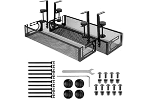 SURBOOTIME 2PCS Under Desk Cable Management Tray, No Drilling Required, Metal Grid Cable Tray with Clip Seat Side Opening, Wire Management Tray, Home Office Internet Cafe Kitchen Wire Organizer Black