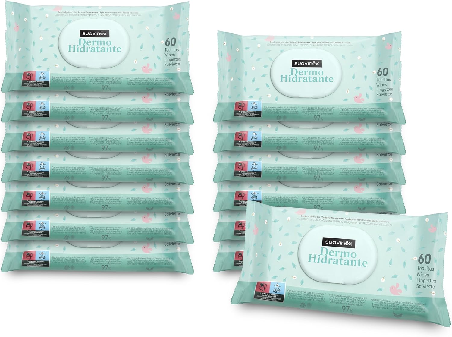 Suavinex Pack 14 x 60 Toallitas para bebé (840 unidades), Dermohidratantes, Aptas para pieles atópicas, Aptas Recién Nacido, Aptas Manos y Cara, 95% Ingredientes de origen natural, 840 Unidades