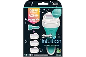 Wilkinson Sword Intuition Sensitive Care - Pack Maquinilla Depilatoria Verde y Enjabonadora Hidratante con Bandas Protectoras de Aloe, Vitamina E y Vitamina B5 + 3 Recambios de Cuchillas Intuition