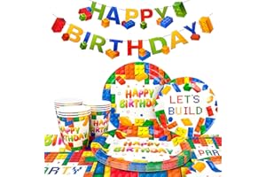 HUXOLYNIFTY Blocchi di Costruzione Stoviglie per Feste, 16 Ospiti Building Block per Feste Set Building Block Banner di Compleanno Piatti Tazze Tovaglioli Tovaglie etc Stoviglie per Feste di Compleanno