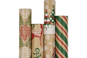 RUSPEPA Papel De Regalo Navideño, Papel Kraft, Diseño De Rudolf, Rayas Y Árbol De Navidad, 4 Rollos, 76 cm X 305 cm Por Rollo