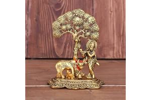 KridayKraft Prince Home Decor & Gifts Metal Krishna with Cow Standing Under Tree Plying Flute (Gold,12x8x17cm)