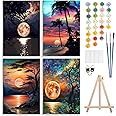 4 Pack Paint by Number Kits for Adults with Framed Canvas&Wooden Easel, DIY Adult Painting by Number Kit Oil Acrylic, Moon Sunset Painting Kit for Beginners, Arts and Crafts for Home Decor 8x12inch
