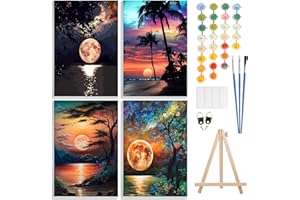 GHHKUD 4 Pack Paint by Number Kits for Adults with Framed Canvas&Wooden Easel, DIY Adult Painting by Number Kit Oil Acrylic, Moon Sunset Painting Kit for Beginners, Arts and Crafts for Home Decor 8x12inch