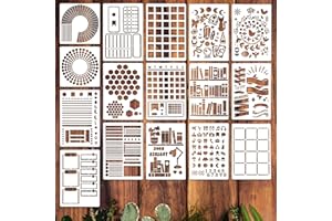 PTWOLA 16pcs Stencils for Painting on Wood Reusable Stencil Crafts Happy Planner Stencils for Journaling DIY Drawing Templates Wall Paper Holiday Stencil Set for Art Scrapbook Home Decor Window Glass Canvas