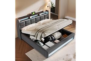 ‎FEZTOY FEZTOY Polsterbett 160x200, LED Doppelbett mit Stauraum und Lattenrost, Kopfteil mit Staufach und USB-Ladefunktion, Hydraulisch Stauraumbett Rückenlehne Bettgestell, ohne Matratze (Grau, 160x200)