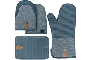‎BONTHEE BONTHEE Ofenhandschuhe Topflappen Set Mini-Ofenhandschuhe Topfhandschuhe mit Anti-Rutsch Silikon Gestreift kochhandschuhe für Kochen Backen - 4er Set - Blau