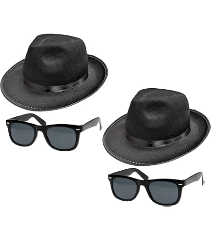 Costume Blues Band - Chapeau Fedora Noir Et Lunettes Wayfarer - Accessoire Déguisement Musique Américaine