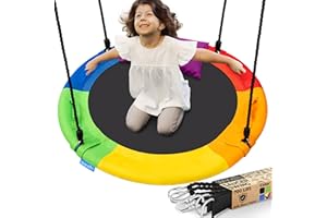 SereneLife Tree Swing Seat, Large Round Saucer Kids Swings, Adults and Kids Nest Swing, Durable Frame, 318kg Capacity, Indoor Outdoor Hanging Rope Swinging Seat for Backyard, Garden and More – Rainbow
