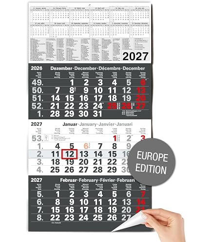 TOBJA 3 Month Calendar 2027 Wall Calendar Blue - With Red Date Slider, FSC Certified, School Holidays and Holidays - Ideal for Office and Family | Quarterly Calendar Wall 30 x 56
