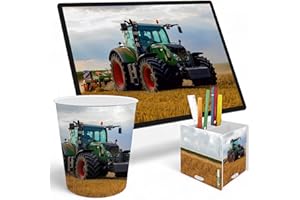 itenga SET Papierkorb Schreibunterlage und Stifteköcher mit Motiv - Papierkorb für Kinder mit Motiv - rund ca. 11 Liter passende Schreibtischunterlage und Schreibtisch Organizer (Motiv Traktor)
