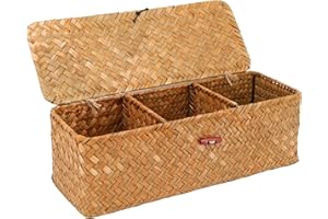 WYTNB Prostokątny kosz z naturalnej trawy morskiej, 32,5 x 12 x 11 cm, 3 przegrody, kosz do przechowywania do sypialni, łazienki