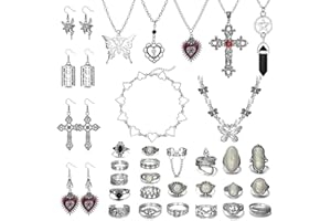 JeryWe 33 Piezas Gótico Grunge Joyería Set para Mujeres Hombres Collar Vintage Pendientes Hada Mariposa Boho Cruz Colgante Corazón Gargantilla Goth Apilable Nudillo Anillos Ajustable Punk Y2K Joyería