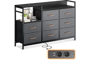 ODK Komoda z szufladami, 2 porty USB i 2 porty AC, wielofunkcyjna szafa z szufladami do sypialni i salonu – stabilny i trwały kredens, 132 x 30 x 88 cm, czarna i ciemnoszara