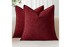 Sungeek Set of 2 Soft Chenille Cushion Covers 40x40cm Square Decorative Throw Pillow Covers with Stitched Edge Solid Dyed Pillow Cases Covers for Home Decor Couch Sofa Bed Living Room, Dark Red