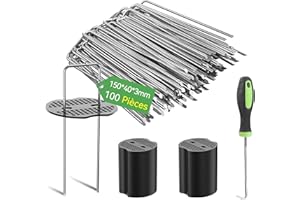 Graxury 100Pcs 15cm Piquets de Jardin Robustes Ø 3mm avec 100Pcs de Joint - Agrafes en Acier Galvanisé pour Fixer Toiles Anti-Mauvaises Herbes, Filets et Les Tubes avec 1 Crochet de Ramassage