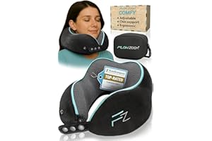 FLOWZOOM Comfy Memory Foam Travel Pillow for Airplane & Car – Adjustable Travel Neck Pillow with 360° Support, Soft, Washable Plush Cover and Compact Mesh Bag - Black