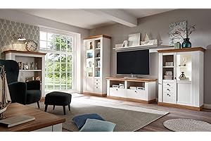 Newfurn Wohnwand Anbauwand Landhaus Wohnzimmerschrank Wohnlandschaft Mediawand Fernsehschrank II 386x204x 52 cm (BxHxT) II [Malte.Four Compact] in Pinie Weiß/Wotan Eiche Wohnzimmer