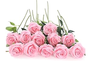 Laelfe 12 Pcs Rosas Rosa Artificiales, Rosas Artificiales de Tallo único, Flores Artificiales Realistas para Decoración de Bodas, Aniversario, Decoración del Hogar, Jardín, Hoteles (Rosa)