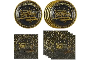 DHAIQC Lot de 50 Vaisselle Jetable Anniversaire, Noir Or Assiettes en Carton et Serviettes pour Barbecue Anniversaire Enfants Fête Décorations (Or Noir)