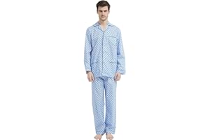 Amaxer Męska dwuczęściowa piżama, bawełniana, zestaw bielizny nocnej, strój domowy, długi rękaw, górna część z kieszeniami, spodnie piżamowe ze ściągaczem