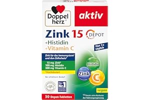 ‎DOPPELHERZ Doppelherz Zink 15 + Histidin + Vitamin C - 15 mg Zink als Beitrag für die normale Funktion des Immunsystems und für den Erhalt normaler Haut - 30 vegane Depot-Tabletten