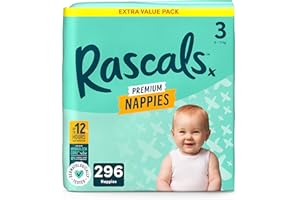 Rascals Premium Nappies丨Size 3丨Total 296 Nappies丨Absorbent丨Infant丨Overnight Diapers Dry and Gentle Diapers nighttime丨4 Layers of Protection and Feather-Soft Materials