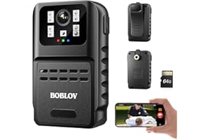 BOBLOV Caméra de corps WiFi, 880 W 1080p 64 Go avec audio et vision nocturne, petite caméra portée avec clip de poche, support de vélo/moto pour gardien de sécurité, maison, bureau, voiture, vélo,