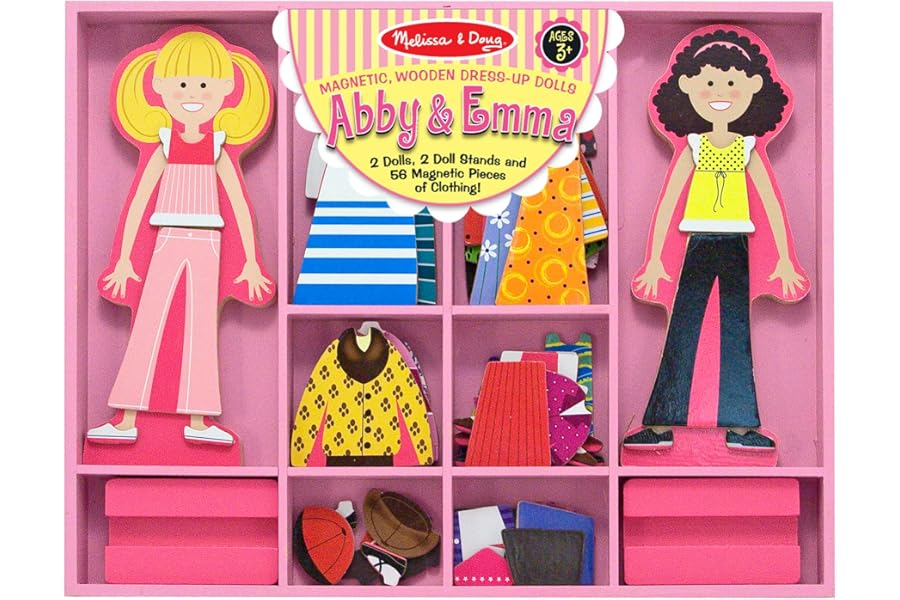 Melissa & Doug Abby and Emma Deluxe Magnetic Wooden Dress-Up Dolls Play Set (55+ pcs) Magnetic Paper Dolls for Kids Ages 3+
