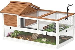 PawHut Schildkrötenhaus aus Holz Schildkrötengehege mit Zwei Haupthäusern aufklappbarem Oberseite Lampenhalter, Outdoor Reptilienkäfig Terrarium für Schildkröten Reptilien 116 x 70,5 x 69,5cm Orange