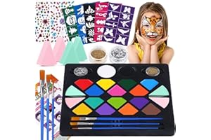 ‎BOBISUKA BOBISUKA Kinderschminke Set: 16 Farben Wasser aktiviert Gesichtsfarbe, Pinsel, Schwämme, Glitter, Edelstein, Anweisungen, Schablonen, Kinder Schminke für Halloween, Karnevalsschminke, Party Make up