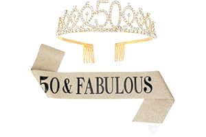 GUFFO SUSSURRO "50 and Fabulous Sash and Rhinestone Tiara Set,50th Birthday Gifts Birthday Sash for Women Birthday Party Supplies( Gold)