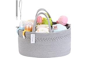 Hinwo - Carrito pañales para bebé 3 compartimentos, contenedor almacenamiento guardería, organizador portátil coche, cesta regalo ducha recién nacidos, cuerda algodón divisor desmontable pañales