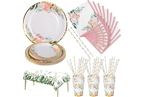 Nkaiso Party Tableware Set, Flower Birthday Party Supplies 126 pcs Paper Plates and Napkins Cups, Flower Plates Napkins and Straws for Engagement Wedding Baby Shower -25 Guests