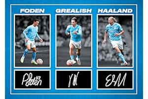 RJR PRINTS Phil Foden, Jack Grealish et Erling Haaland – Impression Photo de Montage A4 signée par Manchester City avec Signature autographe pré-imprimée, Cadeau de Football