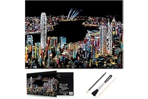 H Homewins Scratch Pictures 405 x 285 mm, World Famous Landmarks, Wall Picture, DIY Art, Drawing, City Night View, Black-Coated Colourful Scratch Paper with Tool Set