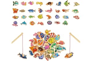 GLAITC Gioco di Pesca Magnetico, 33 pezzi di Giocattoli Educativi per Pesci in Legno con Canne da Pesca Giocattolo da Pesca Magnetico per Animali Marini Giocattoli per L'apprendimento in Età Prescolare