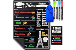 Magnetic Dry Erase Menu Board - A3 / 40x30 cm, Black - Weekly Meal Planner Blackboard for Fridge - Use for Dinner Menus & Grocery Lists - Includes 4 Neon Chalk Markers & Cloth Eraser - by Yes4Quality