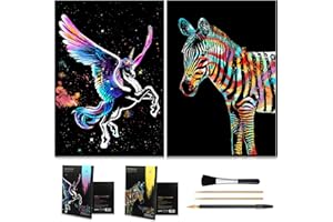ARTSPER 2 PACK Zebra Unicorn Animal scratch art rainbow painting paper, Engraving Art & Craft Tool Set, Creative foil scratch toys gift, DIY sketch card scratchboard for Teen, Adults, Girl - 16'' x 11.2''