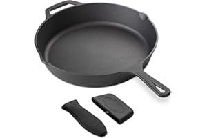 Navaris Poêle en Fonte Naturelle - Poêle à Frire Ø 30 cm Induction Four Feu Cuisinière Grill Barbecue - Antiadhésif avec 2X Manchon Silicone