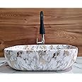 HISRE Table Top Wash Basin For Bathroom | Over Counter Top Wash Basin For Living Room | Washbasin Countertop | Tabletop Ceramic Bathroom Kitchen Sink (45 x 33 x 13 CM) (White - Grey & Golden Design)
