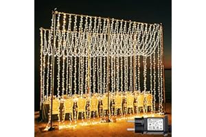 Joycome Tenda Luminosa 2 Pezzi 600 LED Luci Natale Esterno Cascata, 6x3m Tenda Luci Impermeabilità IP65 con 8 Modalità, Addobbi Natalizi per Matrimoni, Feste, Giardino, Interni, Murali - Bianco Caldo