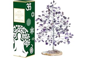 Crocon Amethyst Gemstone Money Tree Agate Slice Base Feng Shui Figurine Reiki Healing Crystals Chakra Balancing Good Luck Ornament Sculpture Mystical Home Decoration Size: 7 "