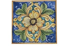 Sicilia Bedda - PIASTRELLA IN CERAMICA SICILIANA - Realizzata e Dipinta a Mano - 15 x 15 x 0.8 CM (Fiore su Maioliche Blu)